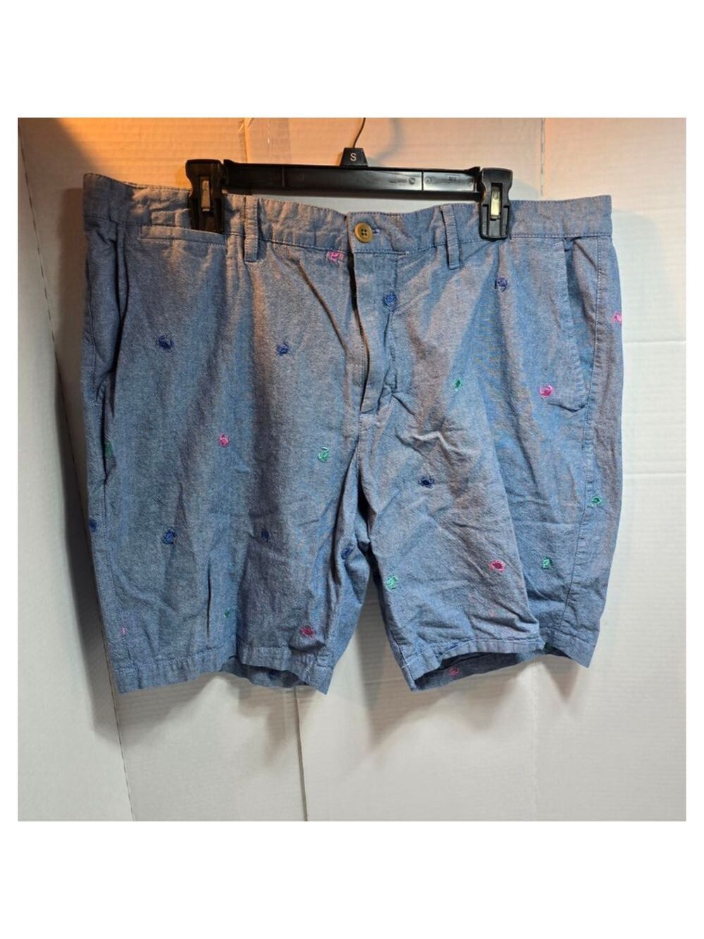 Men's Charleston Blue Multicolor Crab Embroidered Flat Front Shorts Waist 40